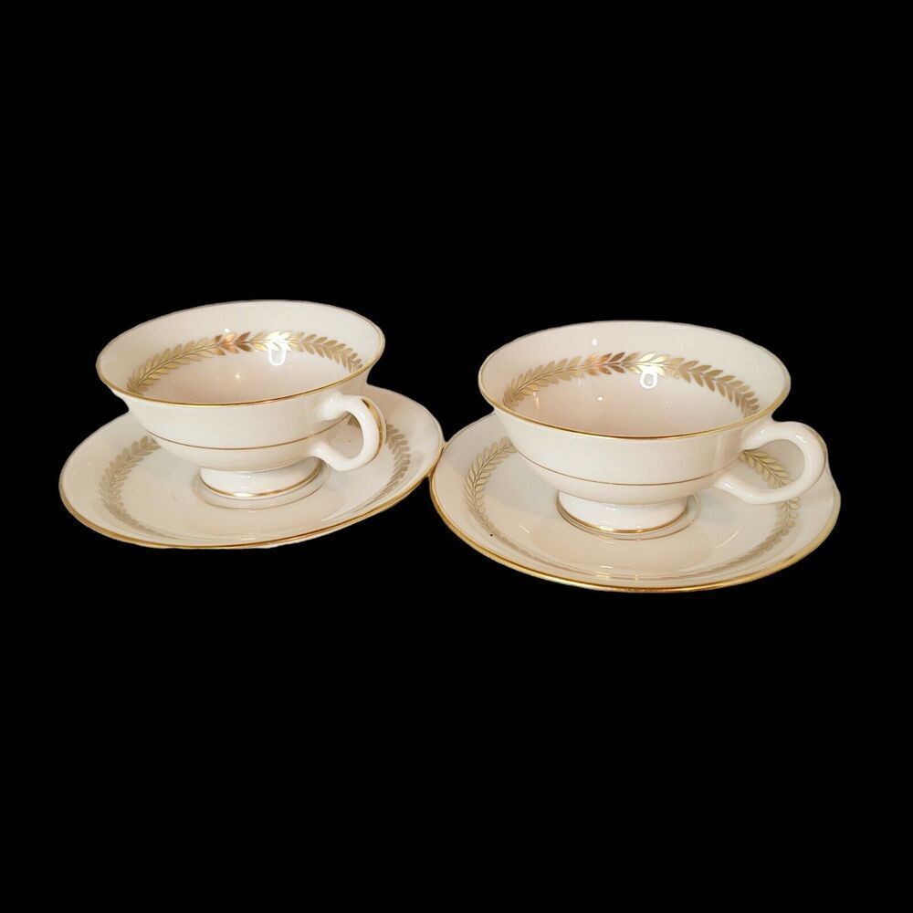 Vtg Set of 2 LENOX Imperial Ivory China Gold Laurel Trim Tea Cup Saucer‎ Green
